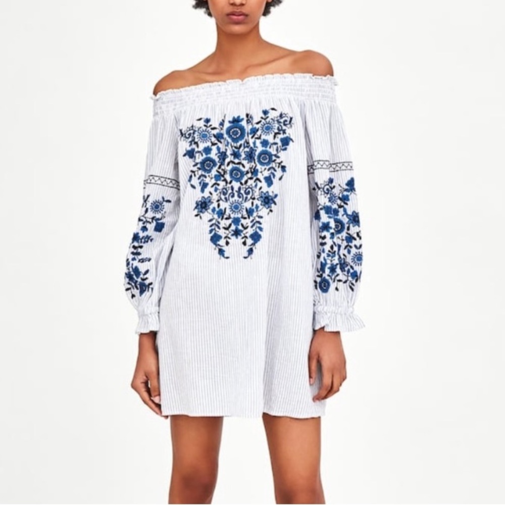 Zara blue striped embroidered off shoulder mini dress S